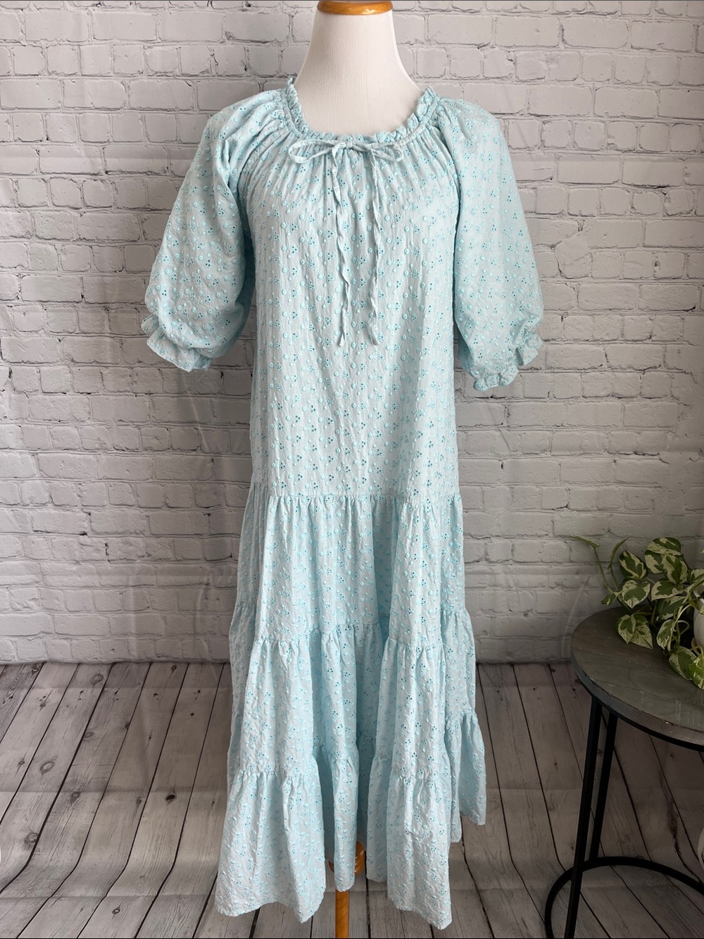 IVY CITY Light Blue Eyelet Peasant Puff Sleeve Dress